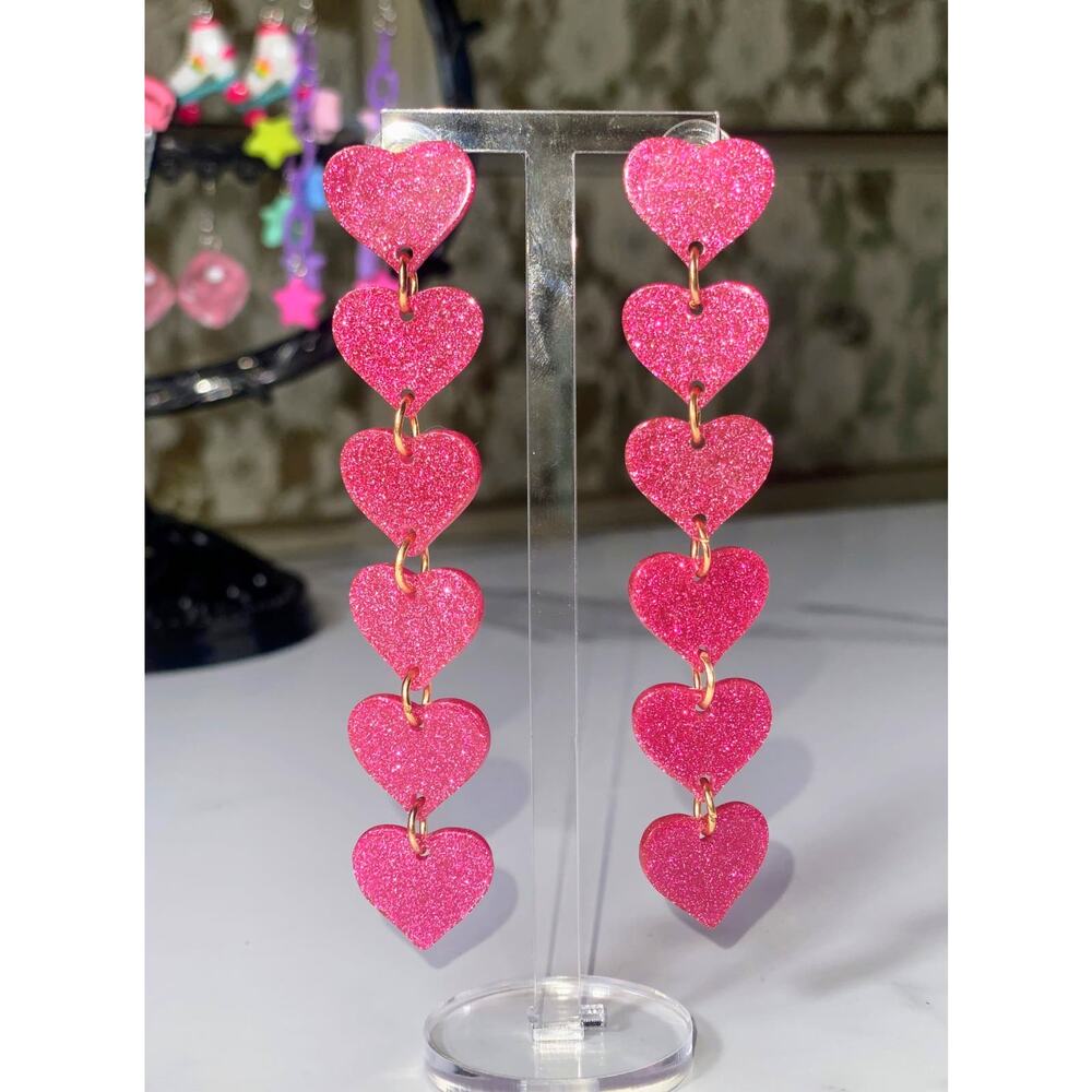 New Hot Pink Sparkle Heart Dangle Drop Long Earrings Valentines Day Love